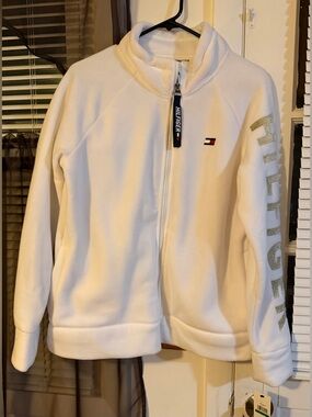 Tommy Hilfiger Cream Full-Zip Fleece Jacket with Sleeve Logo
